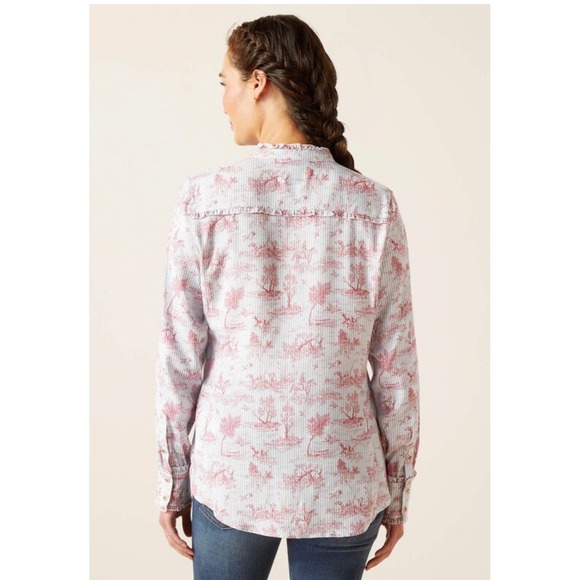 ARIAT Women's Clarion Red Blue Toile Print Long Sleeve Button Down Shirt Ruffled - Picture 3 of 11